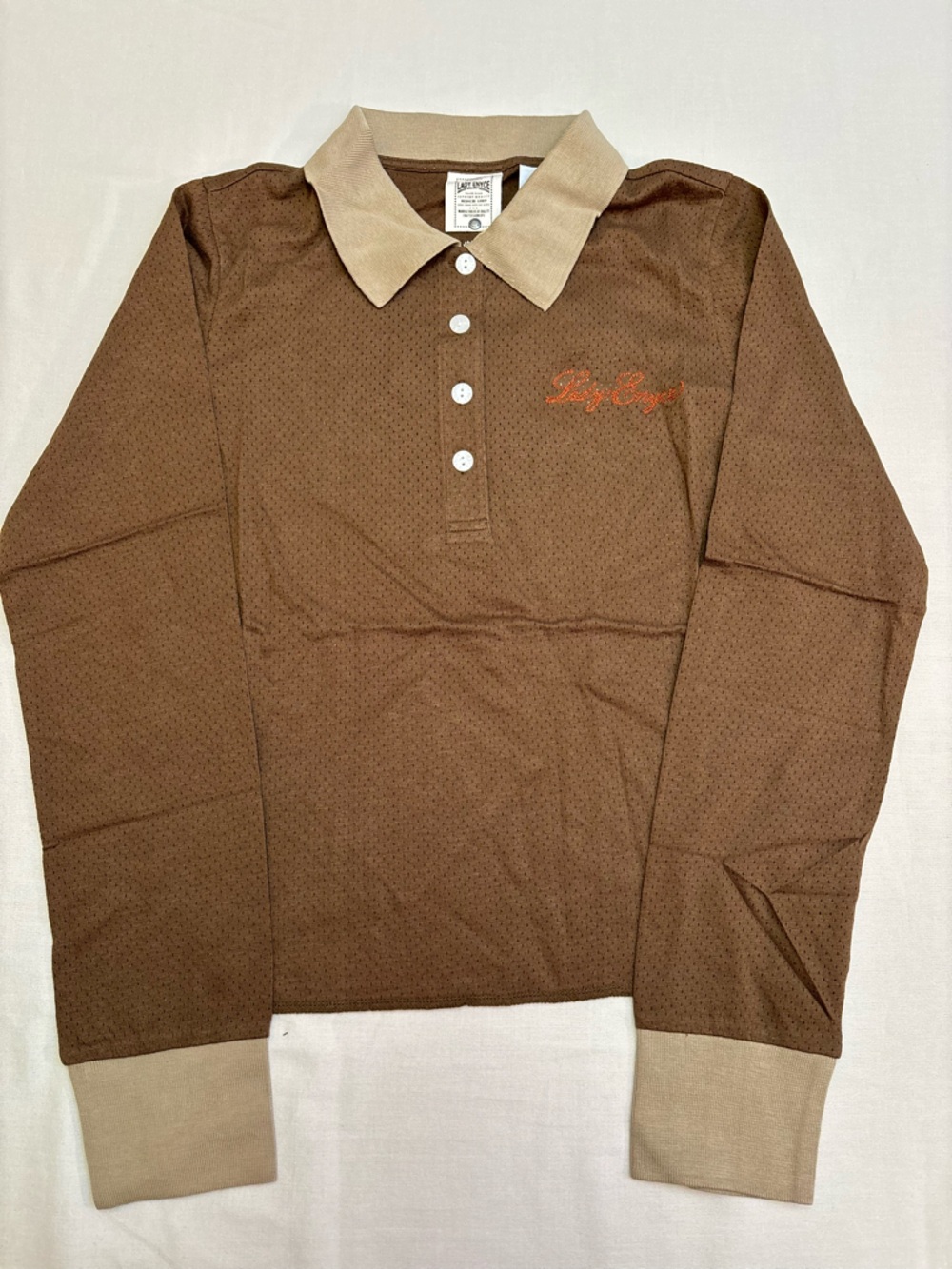 Lady Enyce Vintage Brown Long Sleeve Mesh Polo with Contrast Collar - M